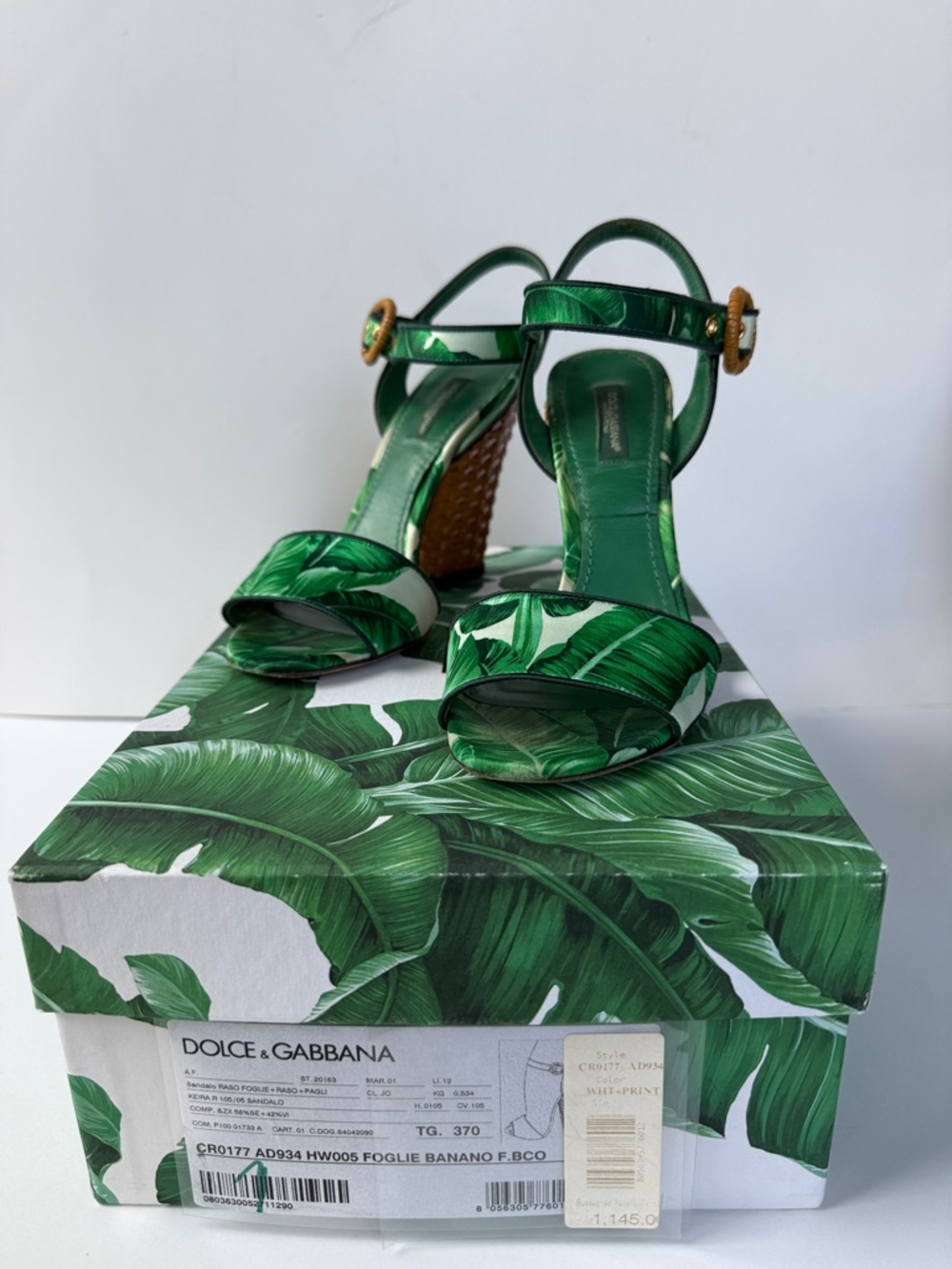 Dolce & Gabbana Palm-Print Green Banana Leaf Raffia Block Heel Sandals size 7 - Picture 4 of 17